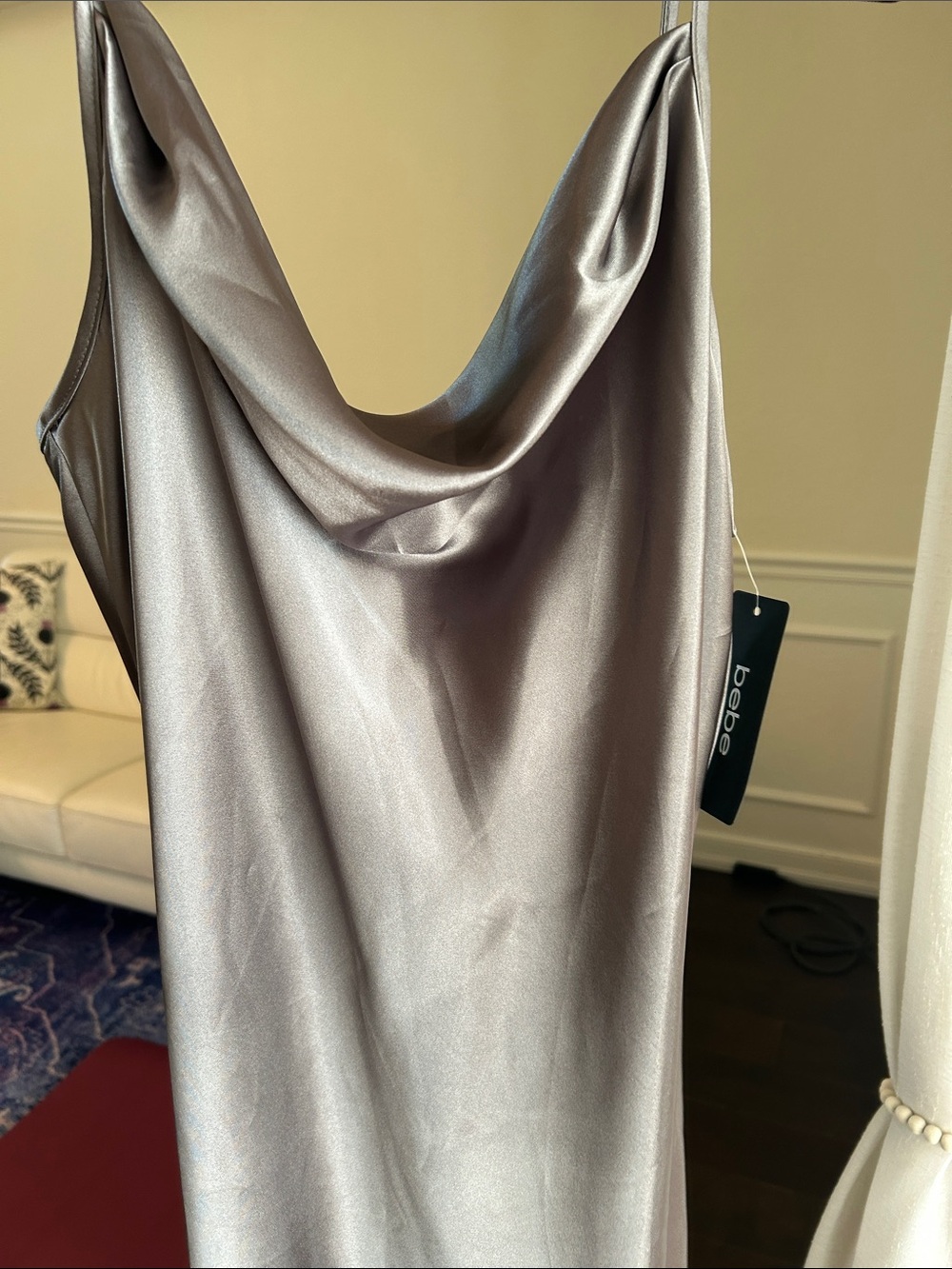 bebe- Satin Cowl Neck Slip Dress in Shimmery Charcoal - Picture 4 of 4